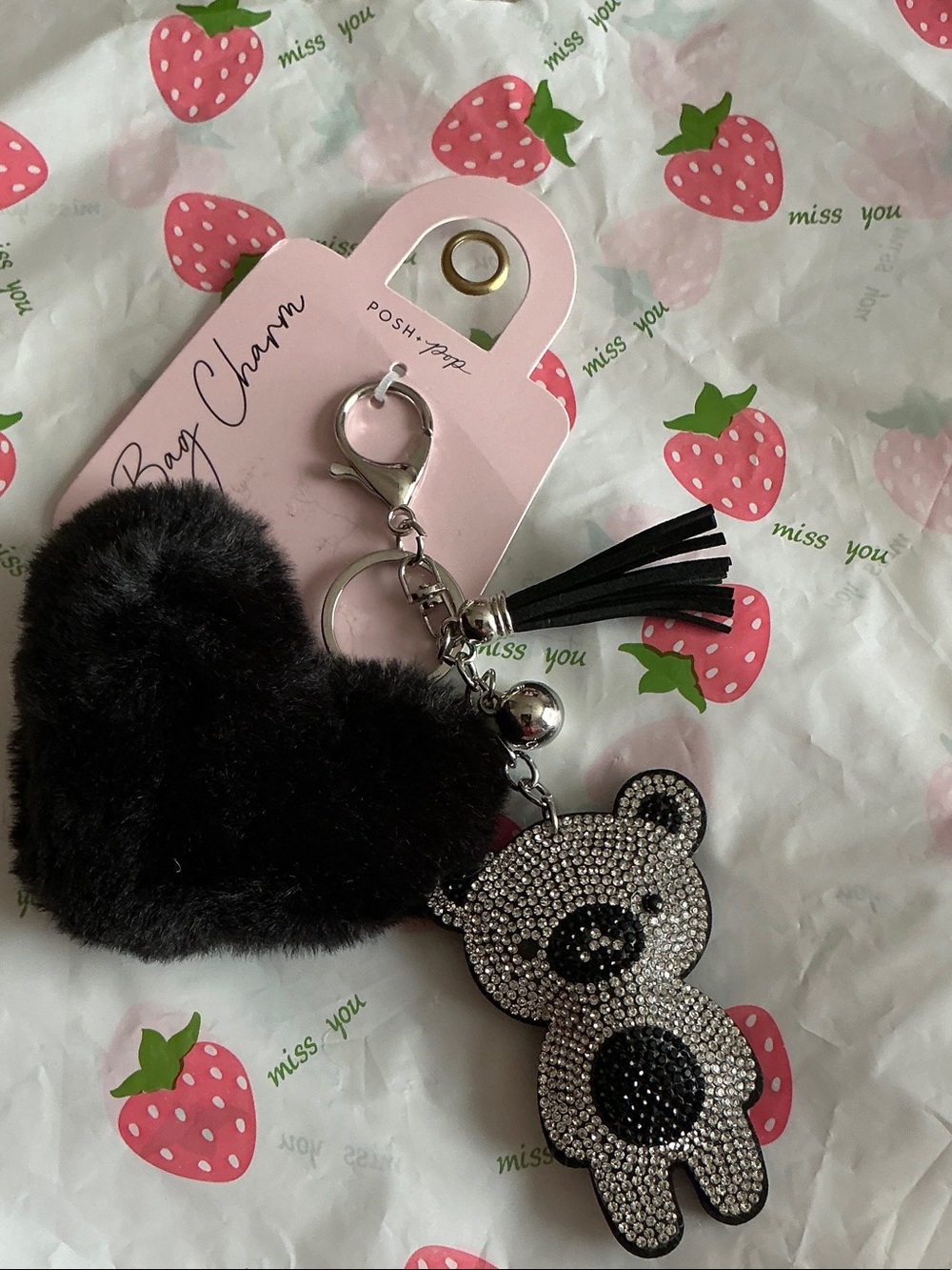 Posh Black Faux-Fur Heart & Crystal Bear Bag Charm